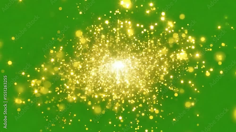 Poster golden sparkles: a dynamic display of radiant, golden particles dances against a vivid green backdro