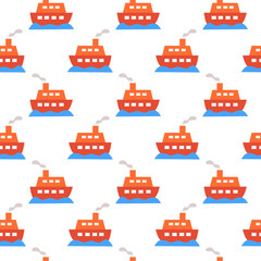 Seamless Pattern. Red Traveling with Ship and Wave in the Ocean Sea. Vector flat illustration.