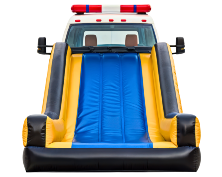 Inflatable slide designed for fun in emergency response vehicles on a transparent background