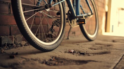 Close-up of bicycle on urban street with brick wall background