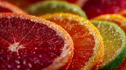 Citrus slices of grapefruit, lime, and orange. The fruits are covered with water droplets. Healthy food, fruits.