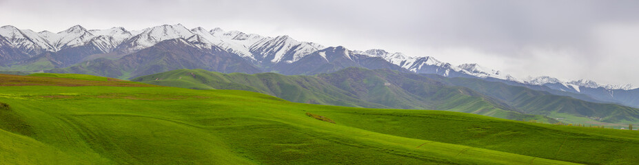 Snow-capped mountains and rolling hills in tranquil nature