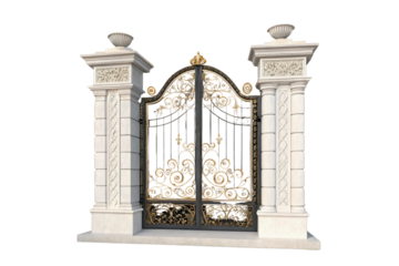 Ornate metal gate with gold accents flanked by two white decorative stone pillars with urns on top