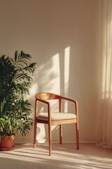 Minimalist Japandi interior with wooden chair and plant in natural light