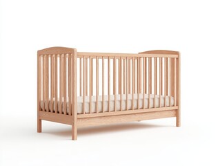 Light-colored wooden cot, simple design, gently curved head and footboards, featuring a fitted mattress