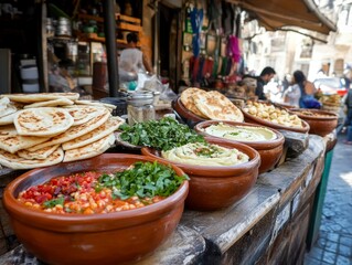 A lively Middle Eastern street market scene, where fresh hummus is being served in clay bowls alongside fresh-baked pita