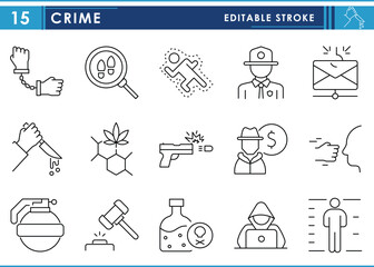 Fototapeta premium A set of line icons related to Crime. Criminal, murder, robbery, drugs, hacking, poisoning, and so on. Vector editable stroke.