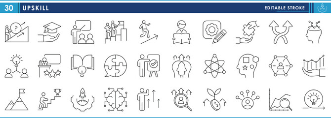 A set of line icons related to Upskill. Innovate, growth, enhance, coaching, education, skills, challenges, and so on. Vector editable stroke.
