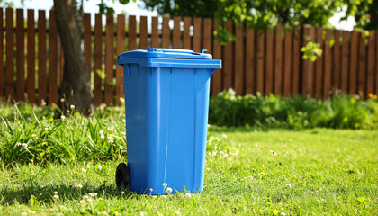 Recycling bin on green meadow, blurred wooden fence. Sorting waste. Environmental pollution.