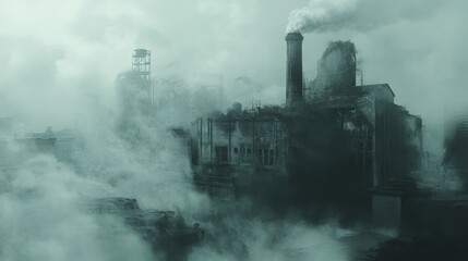 Abandoned factory in a smoky haze