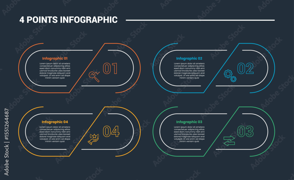 Poster 4 stage infographic process diagram with round rectangle on quadrant with dark background bright out