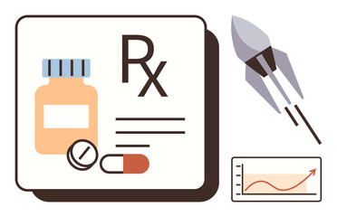 Medicine bottle, pills, and prescription note paired with a rocket symbolizing innovation, alongside a chart depicting growth. Ideal for healthcare, medicine, pharmacy, innovation, success growth