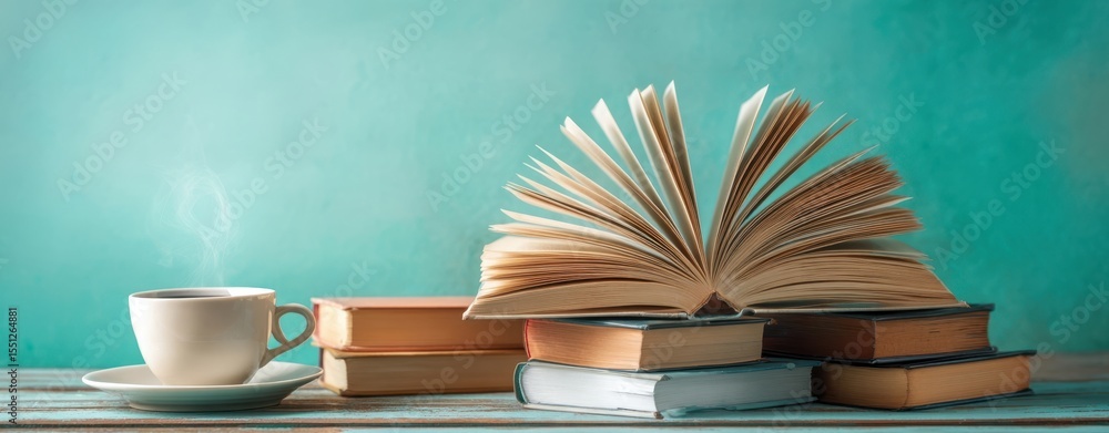 Poster the open book resting on a stack of colorful novels with a steaming cup of coffee.
