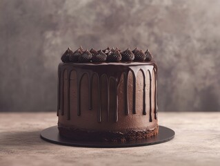 A luxurious dark chocolate cake with ganache dripping down the sides, soft focus background