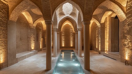 Obraz premium A serene indoor pool nestled within a historical, vaulted structure. Subtle lighting enhances the ancient stone architecture and calm water