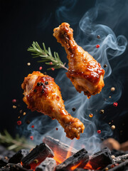 fried chicken thighs with spices steaming on black background	