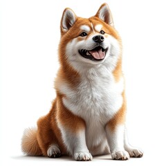 A happy, fluffy Akita dog with a thick orange and white coat, sitting and smiling against a white background.