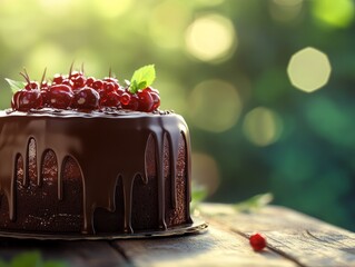 A luxurious dark chocolate cake with ganache dripping down the sides, soft focus background