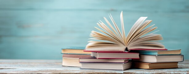 The Open Book Revealing Its Pages Amidst a Stack of Books on a Table