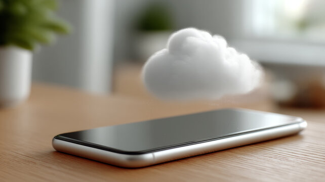 Floating cloud above smartphone on a wooden table.