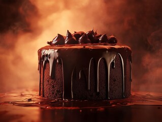 A luxurious dark chocolate cake with ganache dripping down the sides, soft focus background