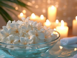 A luxurious spa setting with fresh tuberose flowers in a glass bowl, their intoxicating fragrance filling the air, candles flickering in the background
