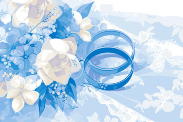 Blue wedding rings with floral design in elegant composition

