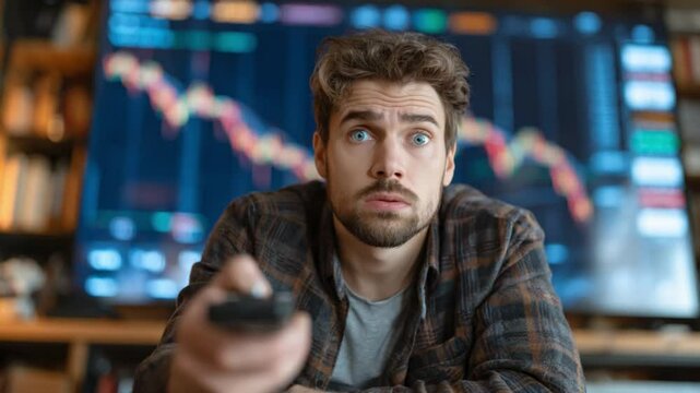 Financial Shock: A person stares intently at a television screen, the financial market trends causing a look of shock and concern. It depicts the economic downturn.