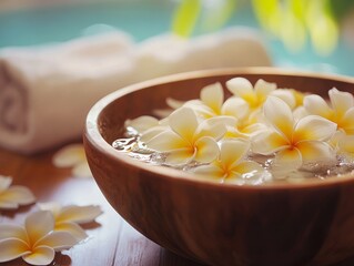 A luxurious spa setting with plumeria flowers floating in an elegant wooden bowl, their aromatic essence filling the air