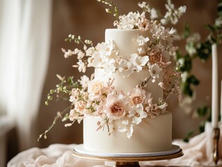A luxurious three-tier wedding cake decorated with delicate white fondant and fresh flowers