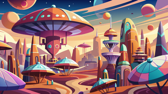  painted cityscape of alien parasol megastructures on a distant planet