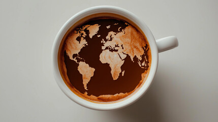 World map in coffee foam in minimalist style on white background


