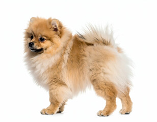 Adorable Fluffy Pomeranian Puppy Wagging Tail, White Background