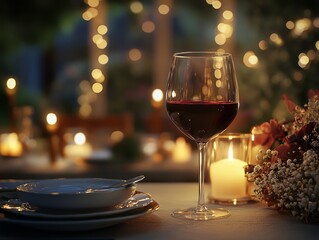 A luxurious wine glass filled with deep red wine, set against a candlelit dinner table with elegant plating and soft bokeh lights