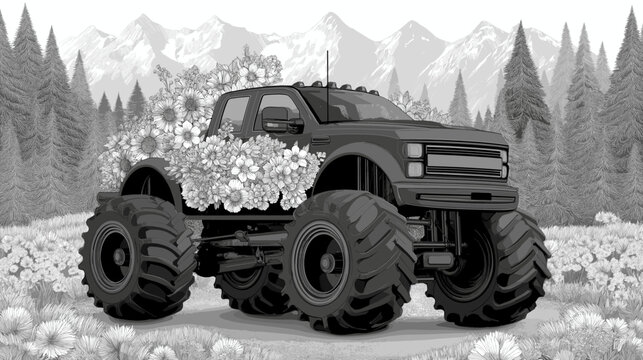 Cartoon Monster Truck Vector Illustration &ndash; Fun 2D Line Art Character Floral Design