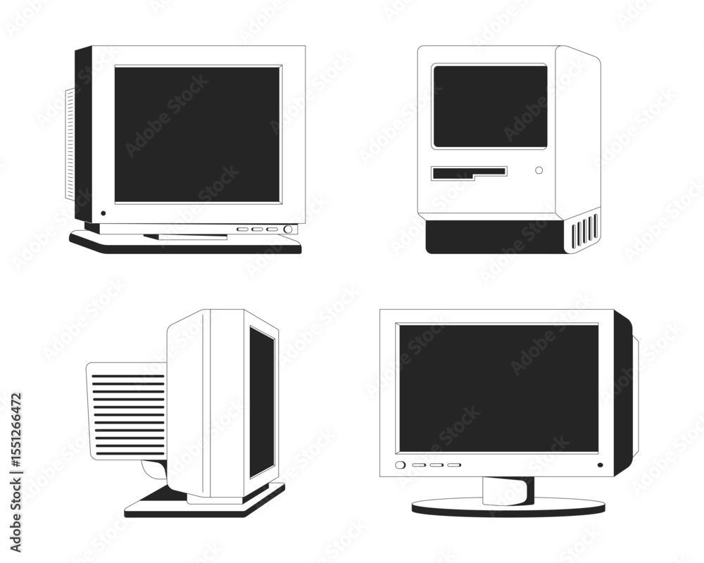 Poster vintage computers and crt monitors 2d line objects set. old technology. outdated devices. 80s 90s te
