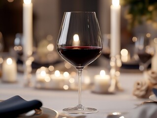 A luxurious wine glass filled with deep red wine, set against a candlelit dinner table with elegant plating and soft bokeh lights