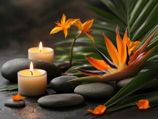 A luxury spa setting featuring a Bird of Paradise flower arrangement with candles and smooth river stones