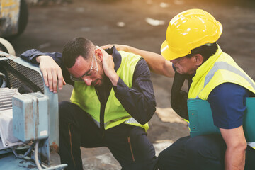 Men, factory and industry factory. Worker have accident during working at work in factory. Industrial accident. Health safe of work and safety first concept
