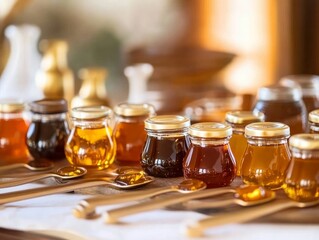 A luxury honey tasting setup, featuring different shades of honey in elegant jars with tasting spoons