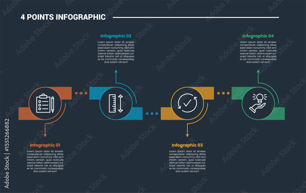 Poster 4 stage infographic process diagram with circle up and down with horizontal direction up and down wi
