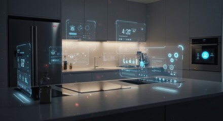 Modern Kitchen with Augmented Reality Interface Displaying Data and Control