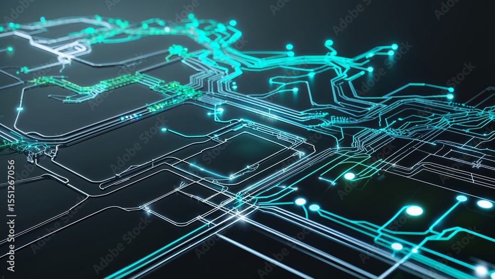 Poster complex digital circuit board design with glowing lines and intricate pathways showcasing technology