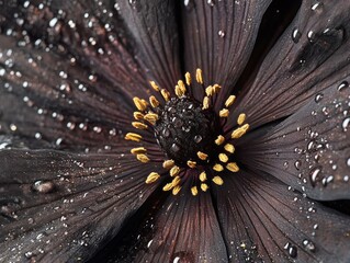 A macro photography-style close-up of a Chocolate Cosmos with dewdrops glistening on its rich, chocolate-colored petals