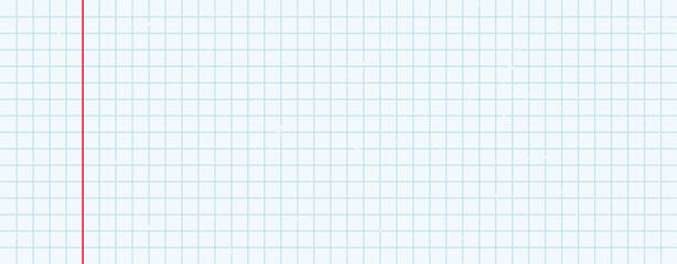 Cage squared math notebook background. Graph paper notebook pattern. Vector squared paper. Mathematics exercise book page with a red margin. Wide horizontal collage banner. Back to school realistic bg