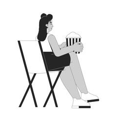 Curvy hispanic woman sitting in folding chair eating popcorn 2D line character. Plus size latina girl with popcorn bucket isolated vector ink outline person. Monochromatic spot illustration