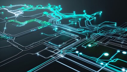 Complex digital circuit board design with glowing lines and intricate pathways showcasing technology and innovation