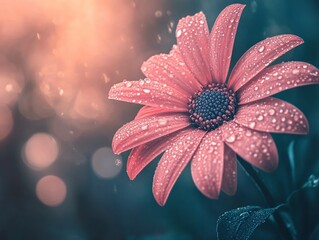 A macro shot of a daisy with dewdrops on its petals, soft bokeh background