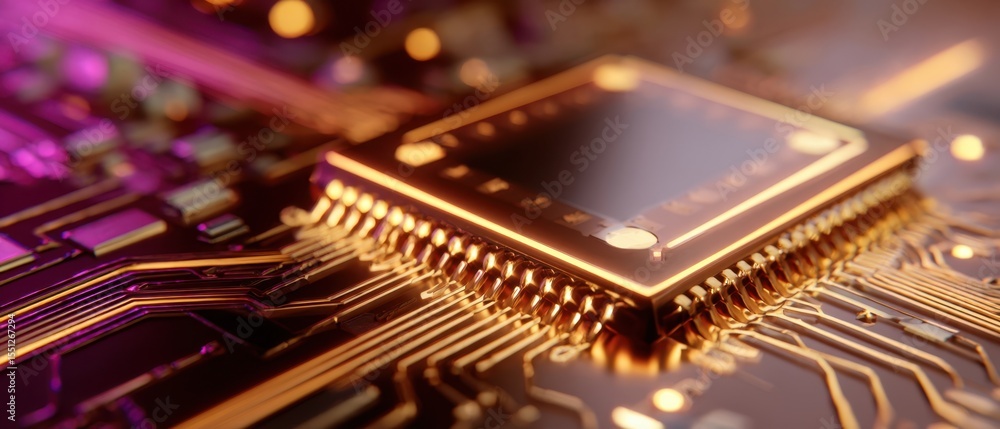Poster the intricate microprocessor shining on a vibrant circuit board