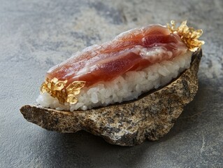 A macro shot of a single piece of sushi, showing the intricate marbling of fatty tuna (otoro) on a bed of perfectly seasoned rice